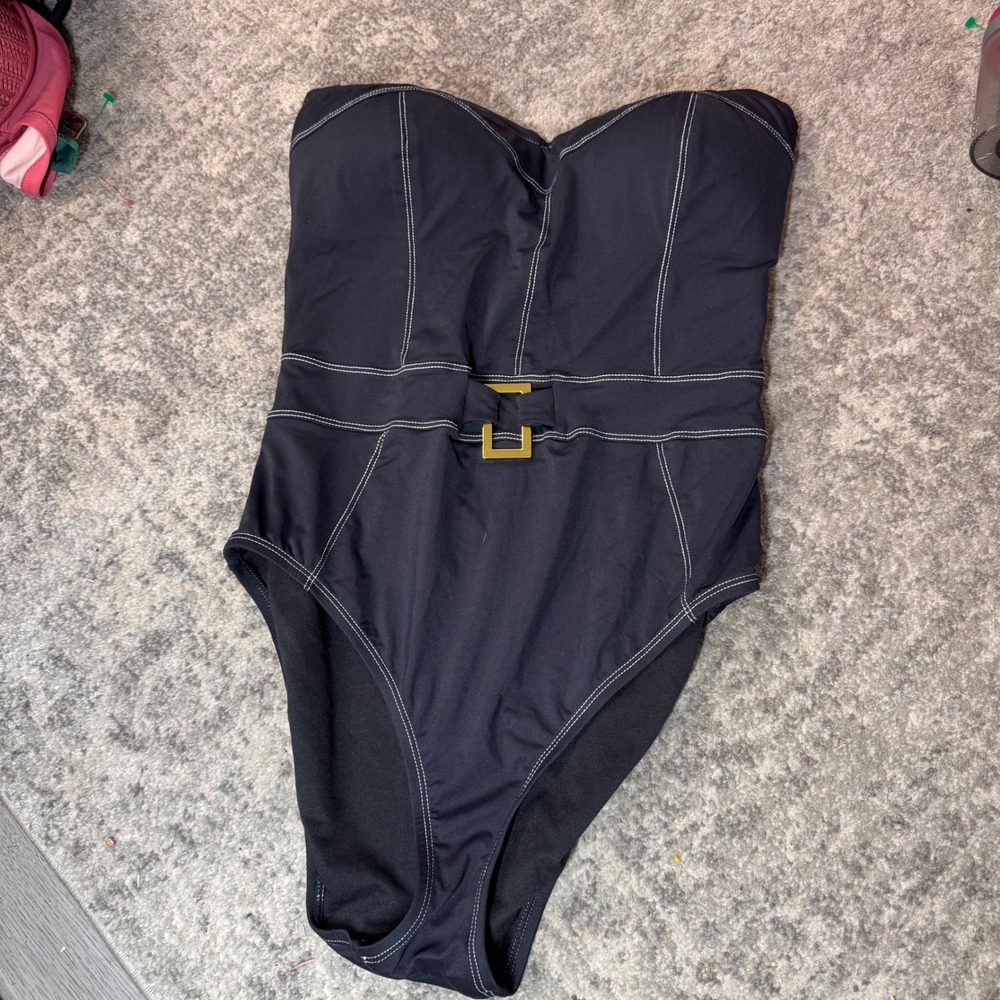 Bleu Rod Beattie Black Bandeau One Piece Swimsuit Contrast Stitch Gold Buckle 10 - Picture 2 of 9